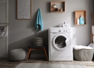 Laundry,Room,Interior,With,Modern,Washing,Machine,Near,Light,Wall